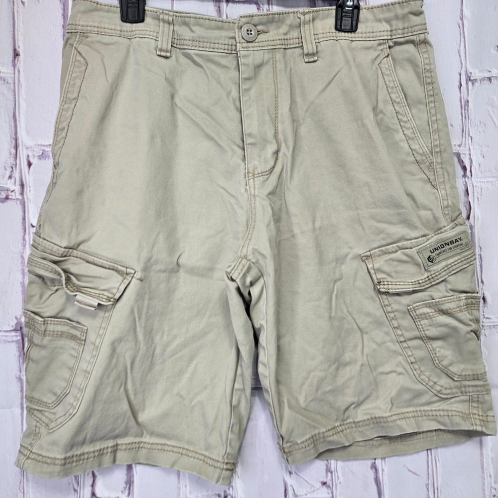 Y2K UNIONBAY Mens Cargo Shorts Khaki Beige Sz 34‎ Cotton Spandex Utility Pockets